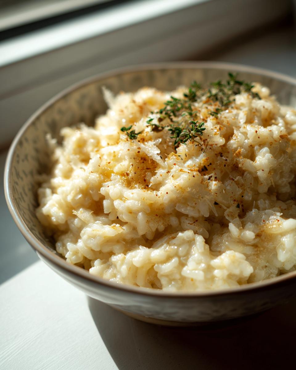 A close-up of creamy Parmesan Risotto topped with fresh herbs and a sprinkle of cheese.