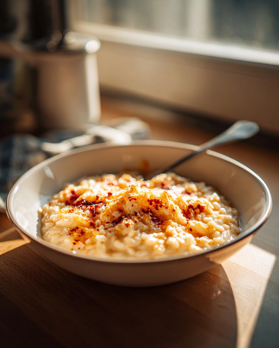 A close-up of a bowl of creamy Parmesan Risotto, topped with grated cheese and red pepper flakes, ready to be enjoyed.
