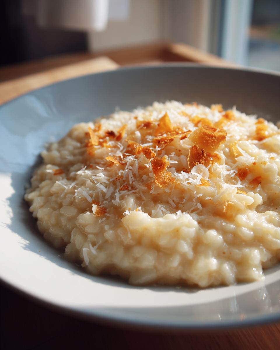 A close-up of creamy Parmesan Risotto topped with shredded cheese and crispy bits.