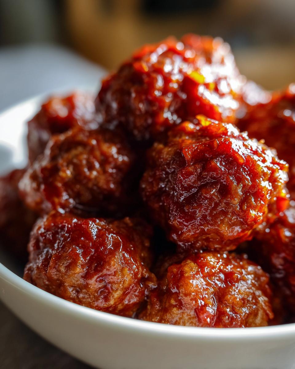 Close-up of a white bowl filled with glossy, saucy Party Meatballs (Slow Cooker).
