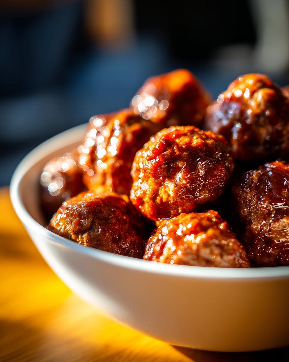 Close-up of glossy, saucy Party Meatballs (Slow Cooker) piled high in a white bowl.
