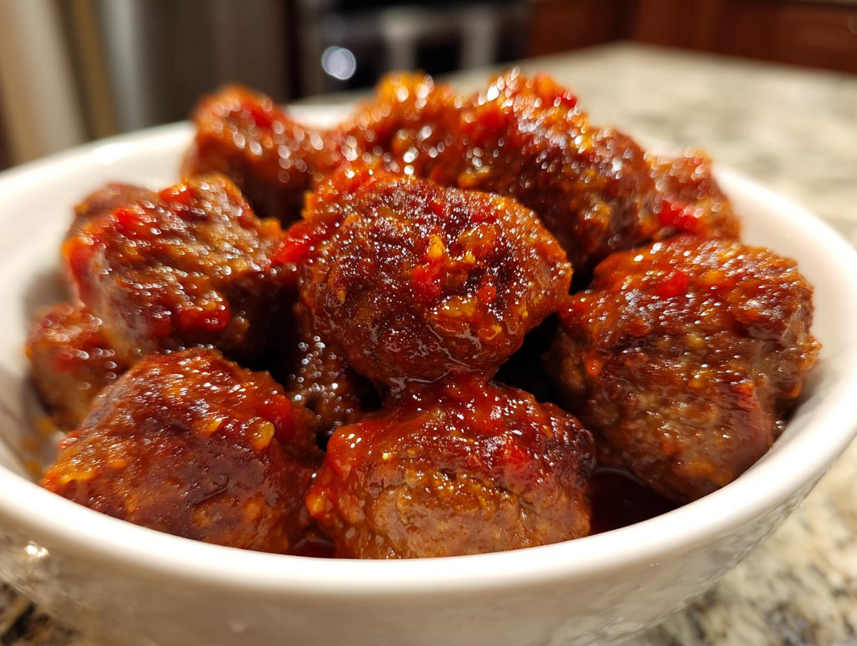 Close-up of delicious Party Meatballs coated in a glossy, red glaze in a white bowl.