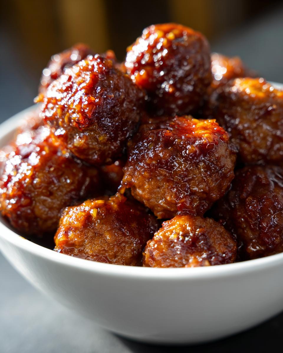 Close-up of a bowl filled with glossy, glazed Party Meatballs (Slow Cooker) ready to be served.