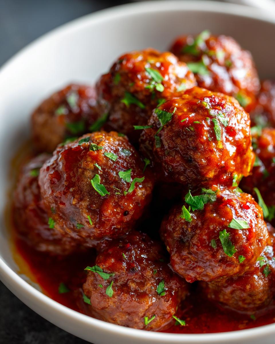 Close-up of glossy, saucy Party Meatballs (Slow Cooker) garnished with fresh parsley in a white bowl.