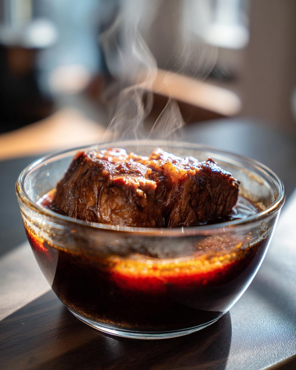 A close-up of a tender piece of braised beef submerged in rich, dark au jus, with steam rising.