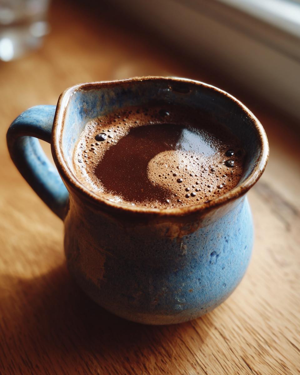 Close-up of a rich, dark coffee in a rustic blue mug, perfect for enjoying while making the perfect Au Jus recipe.