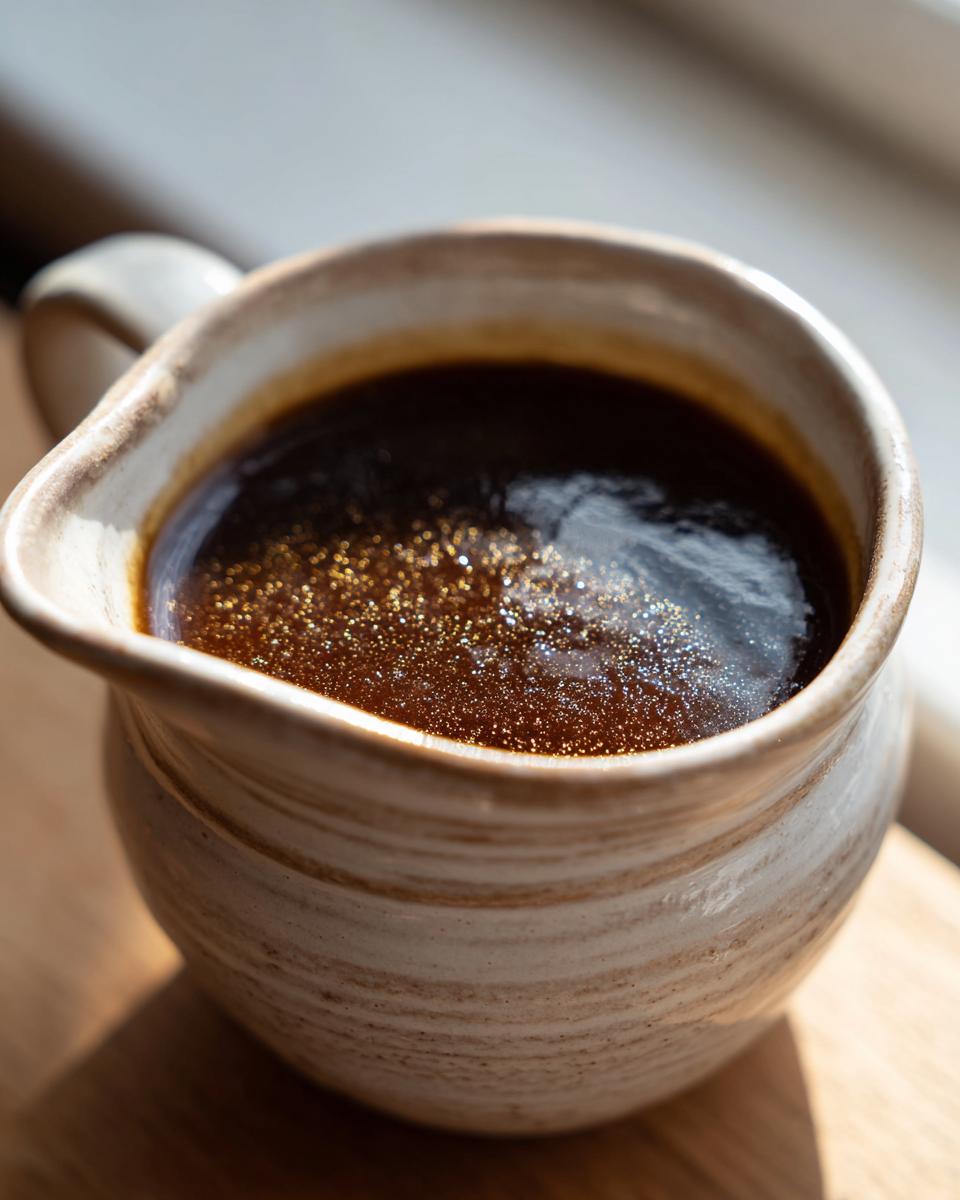 Close-up of a rich, dark au jus in a rustic ceramic gravy boat, sparkling with light.