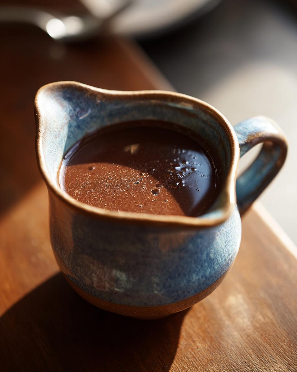 Close-up of a rich, dark au jus in a blue ceramic gravy boat on a wooden surface.