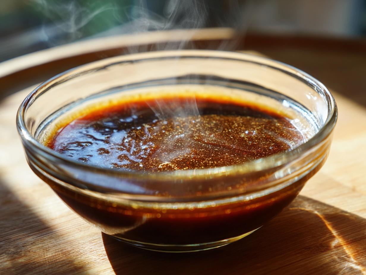 A steaming bowl of homemade au jus, showcasing its rich, dark color and glistening surface.