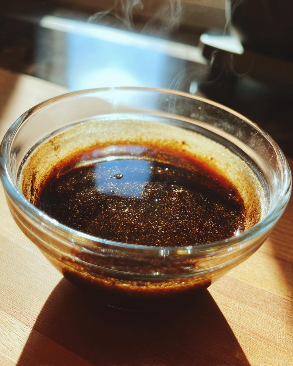 A close-up of steaming homemade au jus in a glass bowl, showcasing its rich, dark color.