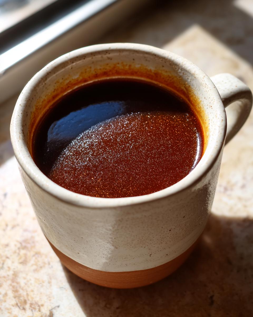 A close-up of rich, dark au jus in a rustic mug, showcasing its glossy surface and subtle shimmer.