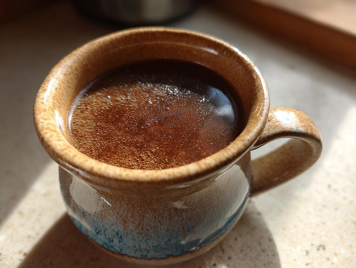 A close-up of a rustic mug filled with rich, dark au jus, showcasing its glistening surface and fine bubbles.