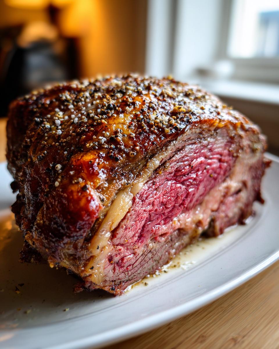 A perfectly cooked prime rib roast, sliced to reveal a juicy, pink interior and a beautifully browned crust seasoned with pepper and salt.