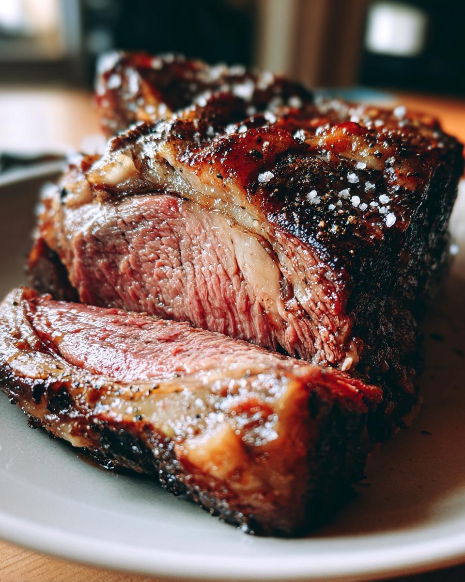 A close-up of a perfectly cooked prime rib, sliced to reveal a juicy pink interior, seasoned with flaky salt and pepper.