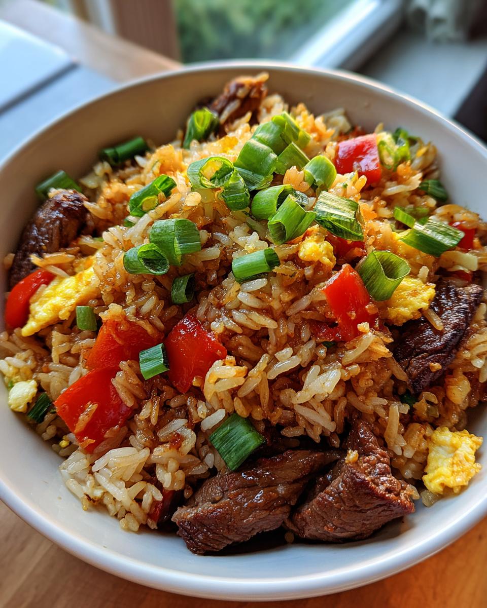 A close-up view of a bowl of Prime Rib Fried Rice, featuring tender beef, scrambled eggs, red bell peppers, and green onions.