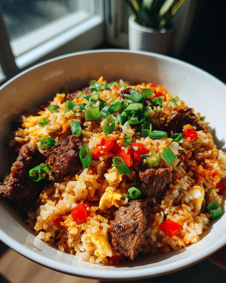 A close-up of a white bowl filled with Prime Rib Fried Rice, featuring tender beef, scrambled eggs, red peppers, and green onions.