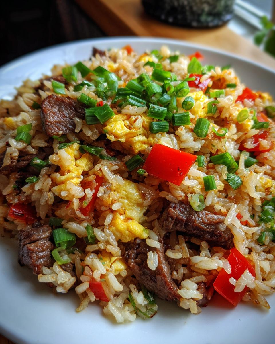 A close-up of delicious Prime Rib Fried Rice with tender beef, scrambled eggs, red peppers, and green onions.