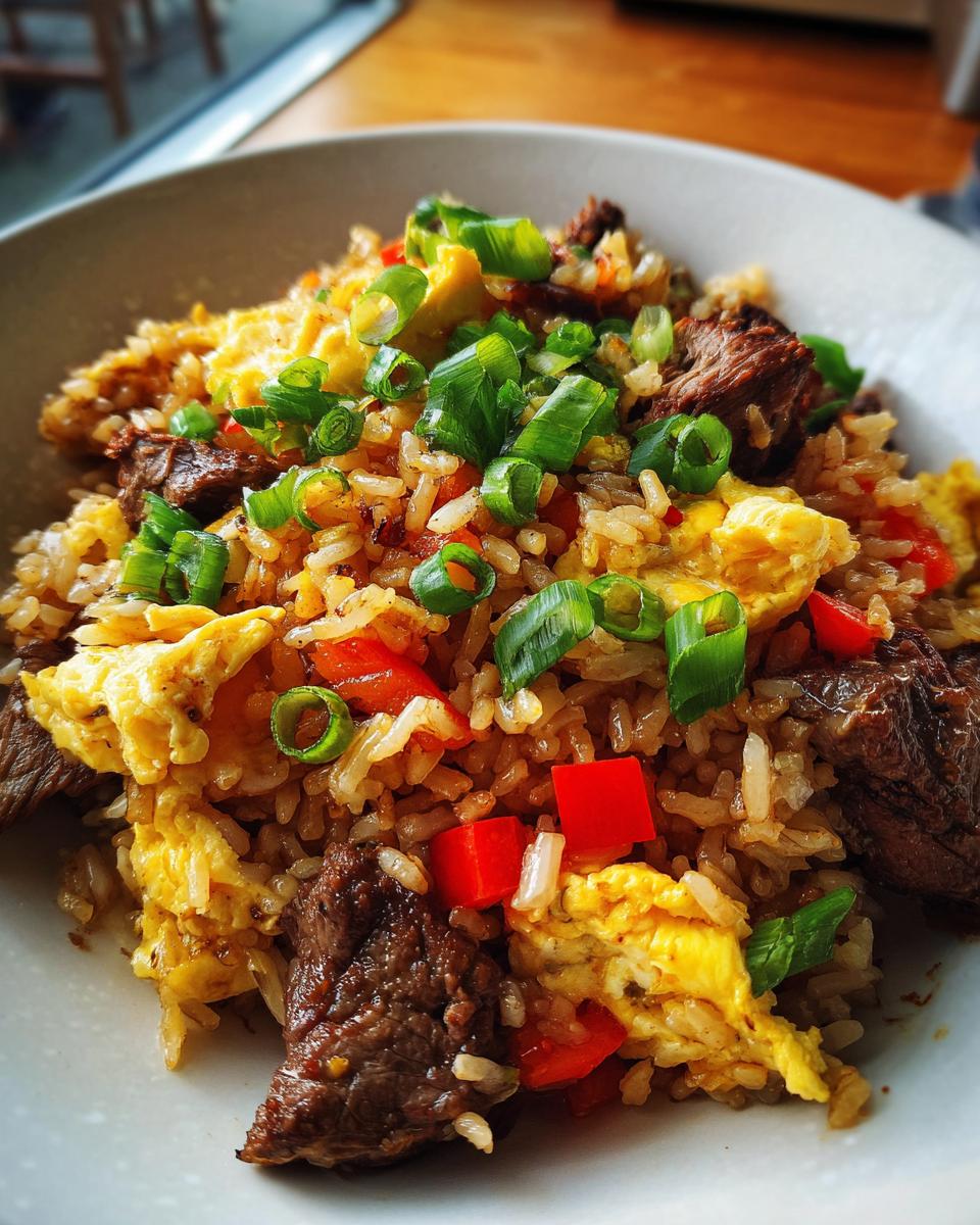 A close-up of delicious Prime Rib Fried Rice (One Pan) with tender beef, scrambled eggs, red bell peppers, and green onions.