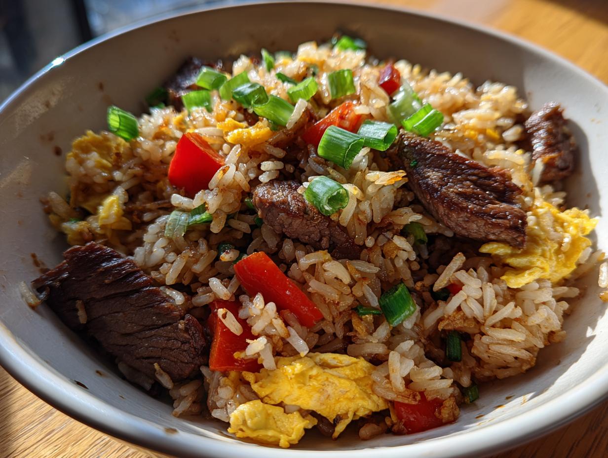 A close-up of delicious Prime Rib Fried Rice (One Pan) served in a bowl, featuring tender beef, fluffy rice, scrambled eggs, and green onions.