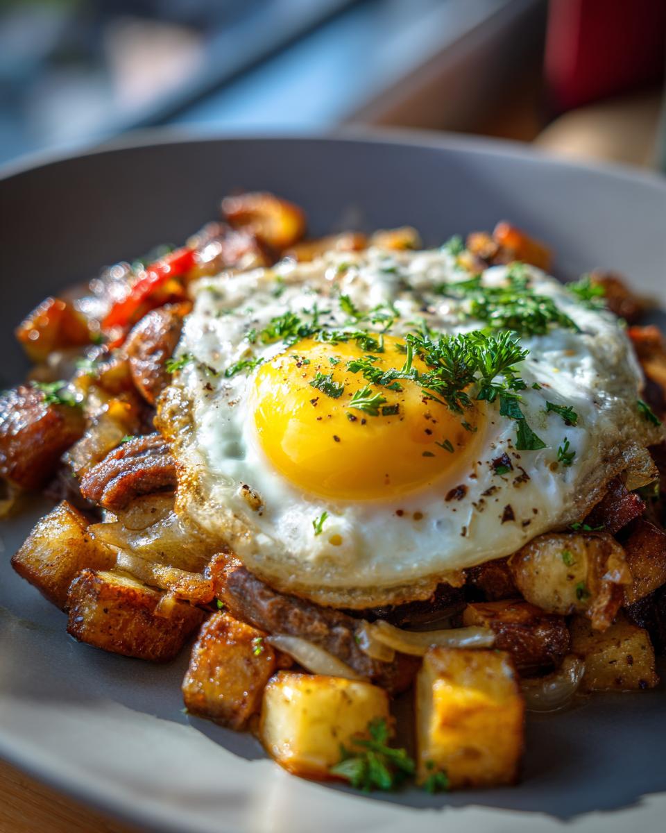 A hearty plate of Prime Rib Hash (Breakfast) topped with a perfectly fried egg and fresh parsley.