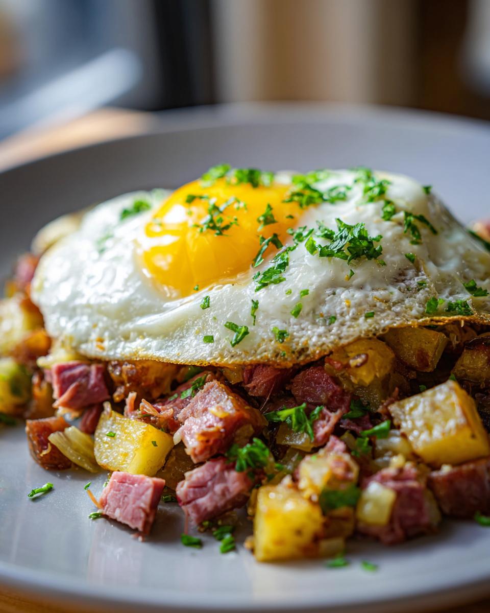 A close-up of Prime Rib Hash (Breakfast) topped with a perfectly fried egg and fresh parsley.