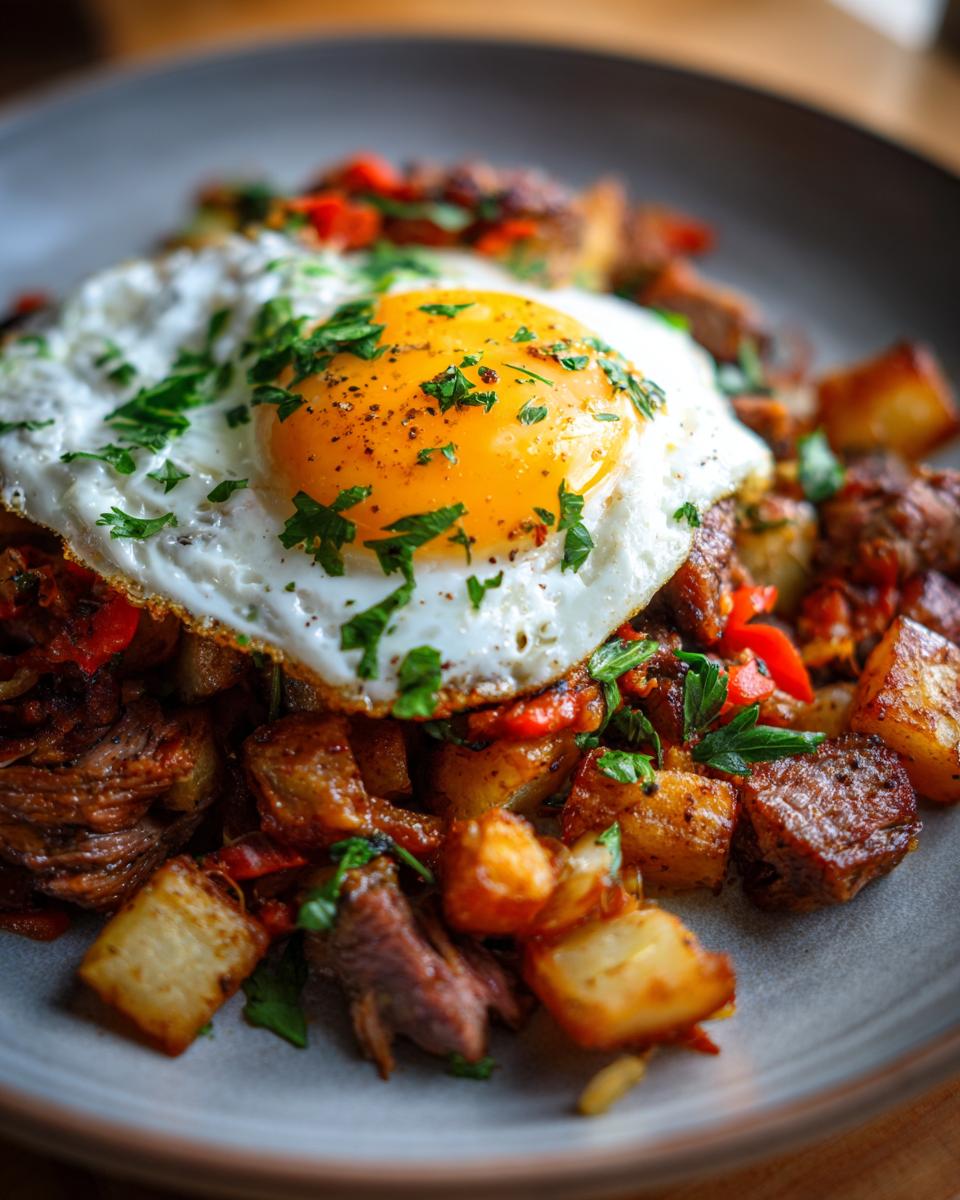A close-up of a hearty Prime Rib Hash (Breakfast) topped with a perfectly fried egg and fresh parsley.