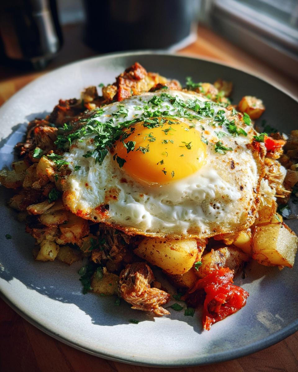 A hearty plate of Prime Rib Hash (Breakfast) topped with a perfectly fried egg and fresh parsley.