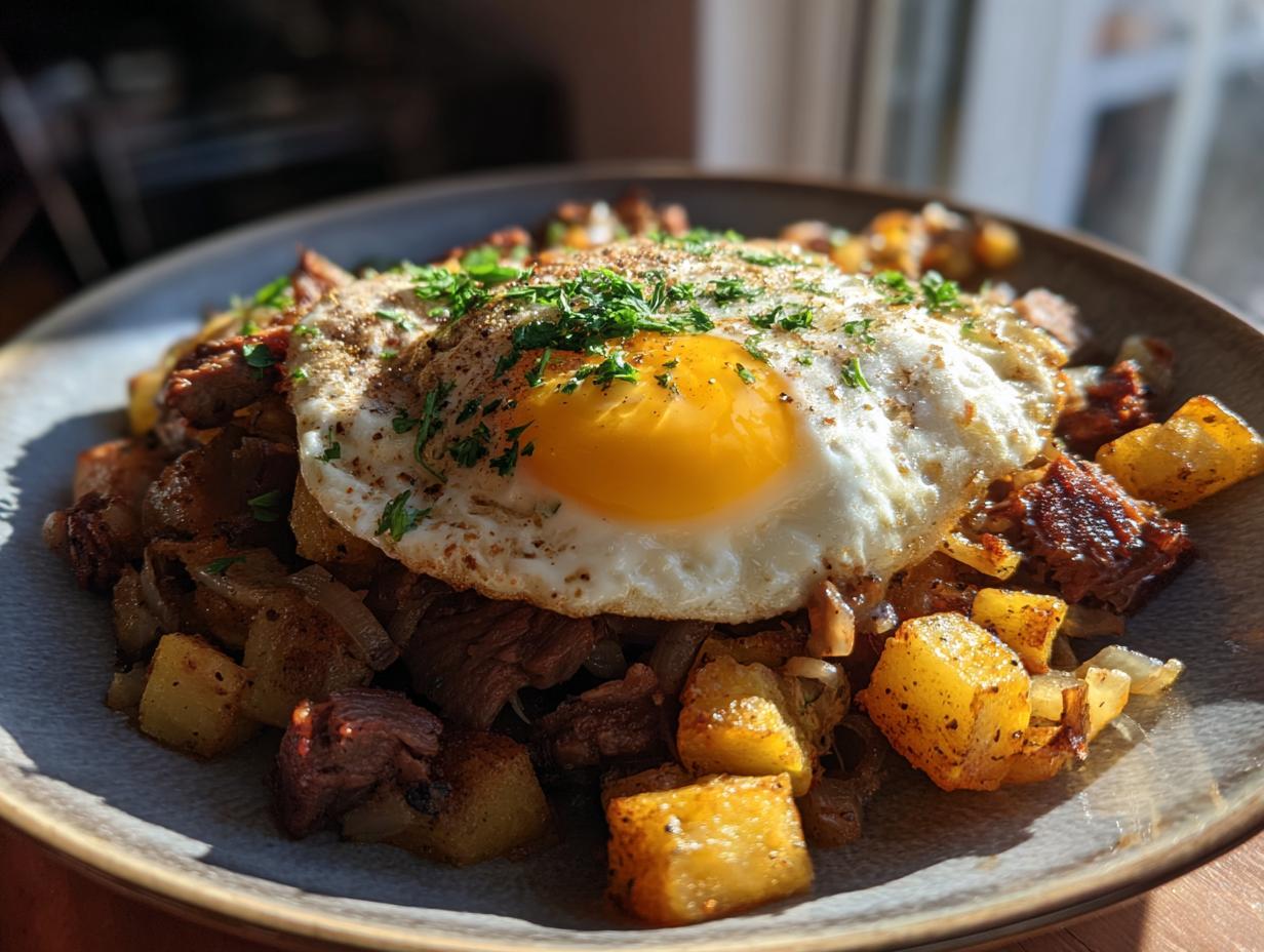 A hearty plate of Prime Rib Hash (Breakfast) topped with a perfectly fried egg and fresh parsley.