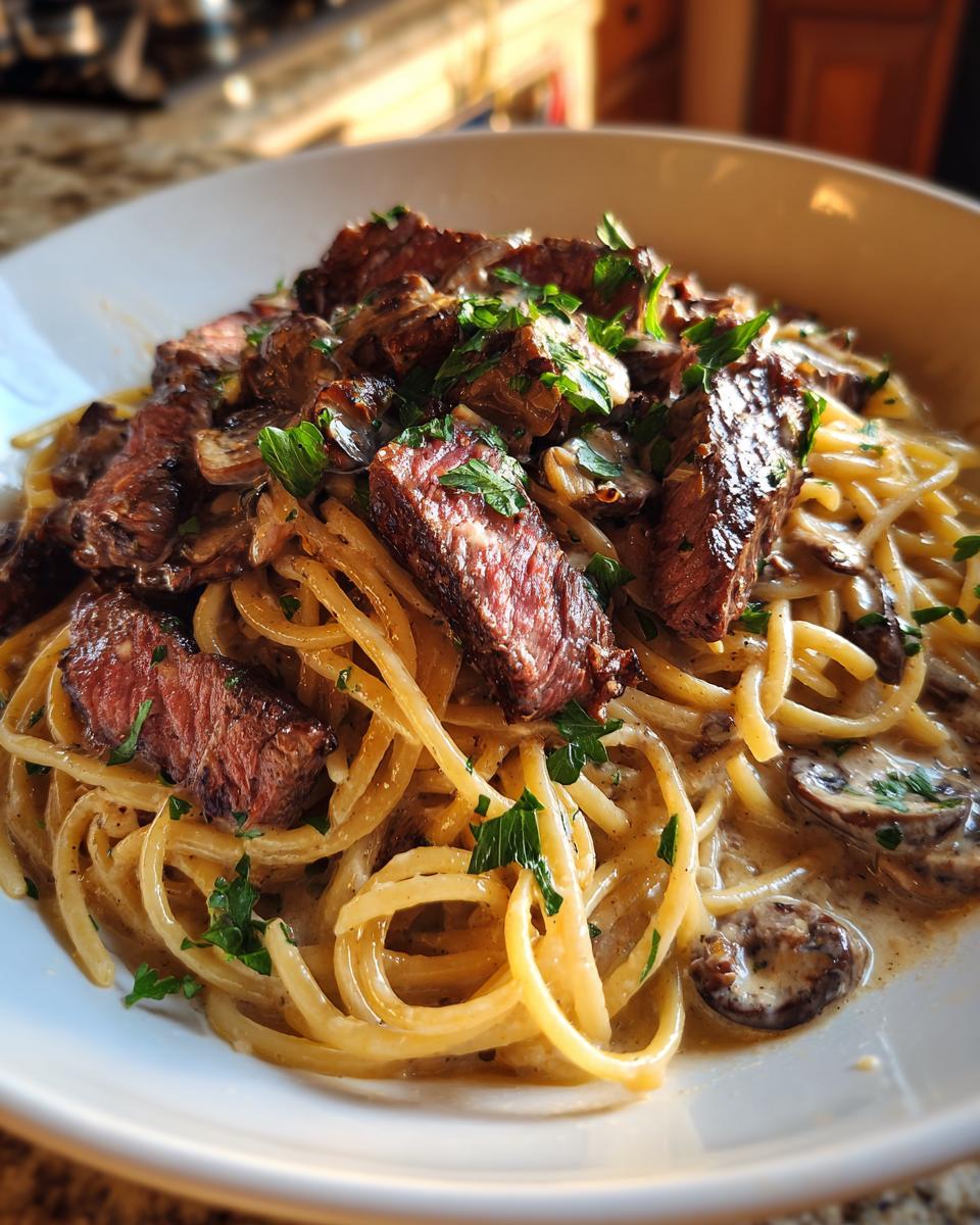 A close-up of creamy Prime Rib Pasta topped with sliced steak and fresh parsley, with mushrooms visible.