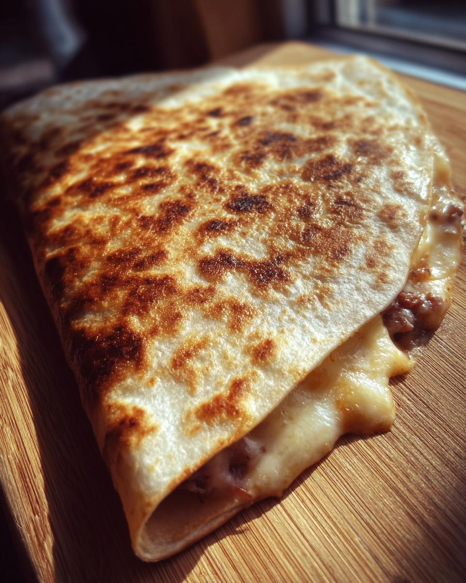 Close-up of a golden-brown Prime Rib Quesadilla, with melted cheese oozing out, on a wooden board.