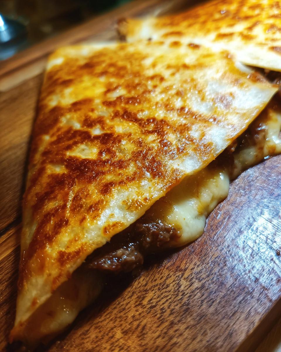 A close-up of a golden-brown Prime Rib Quesadilla slice, with melted cheese oozing out.