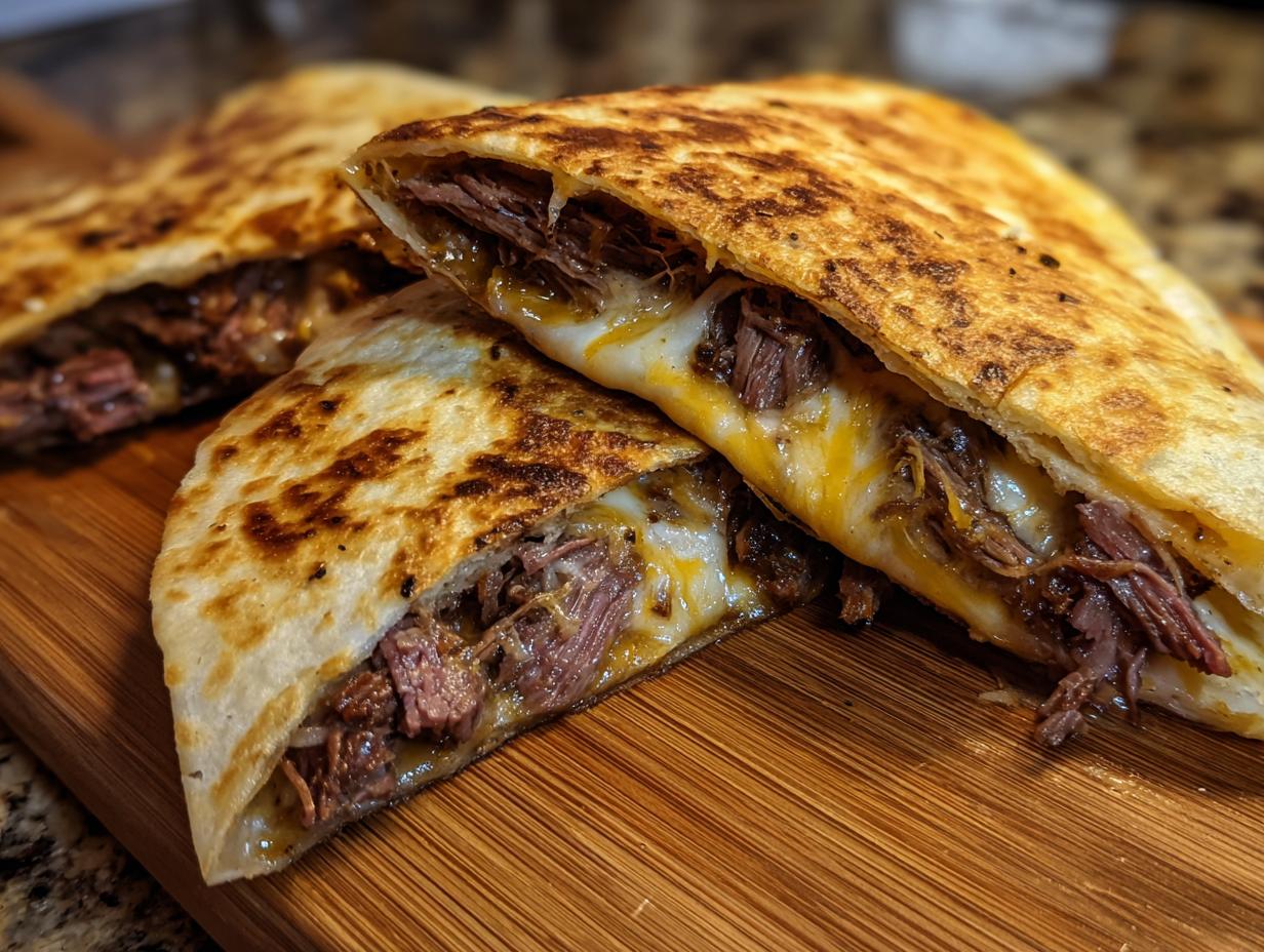 Close-up of two halves of a Prime Rib Quesadilla, showing shredded prime rib and melted cheese inside a golden-brown tortilla.