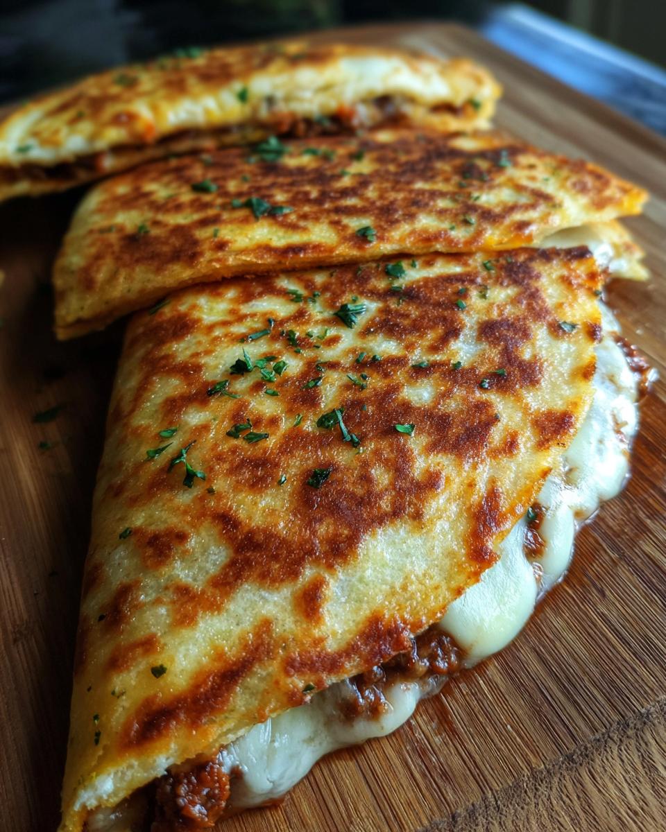 Close-up of golden-brown Prime Rib Quesadillas with melted cheese oozing out, sprinkled with fresh herbs.