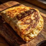 A golden-brown, folded Prime Rib Quesadilla with melted cheese oozing out, served on a wooden board.