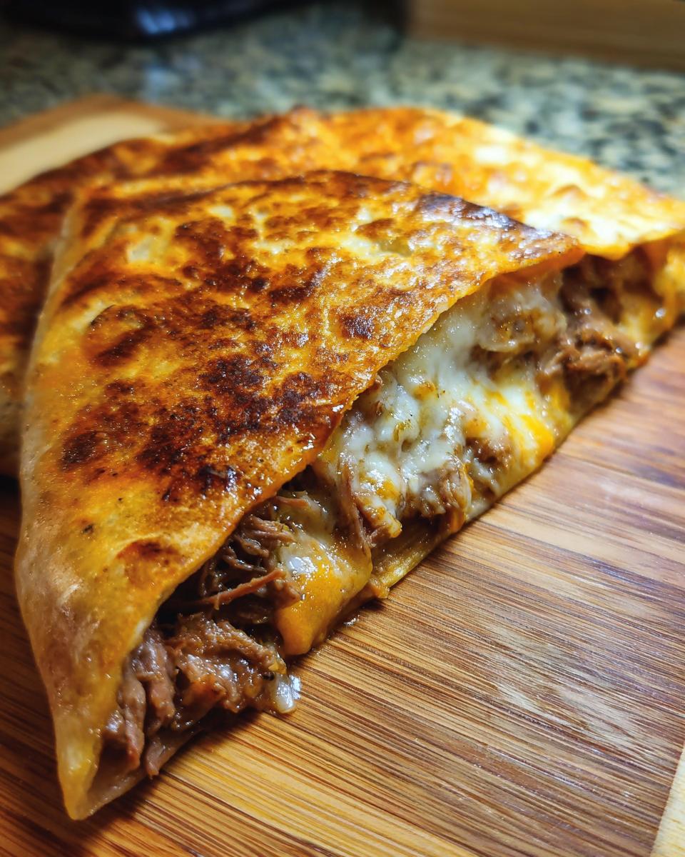Close-up of a golden-brown quesadilla filled with shredded prime rib and melted cheese.