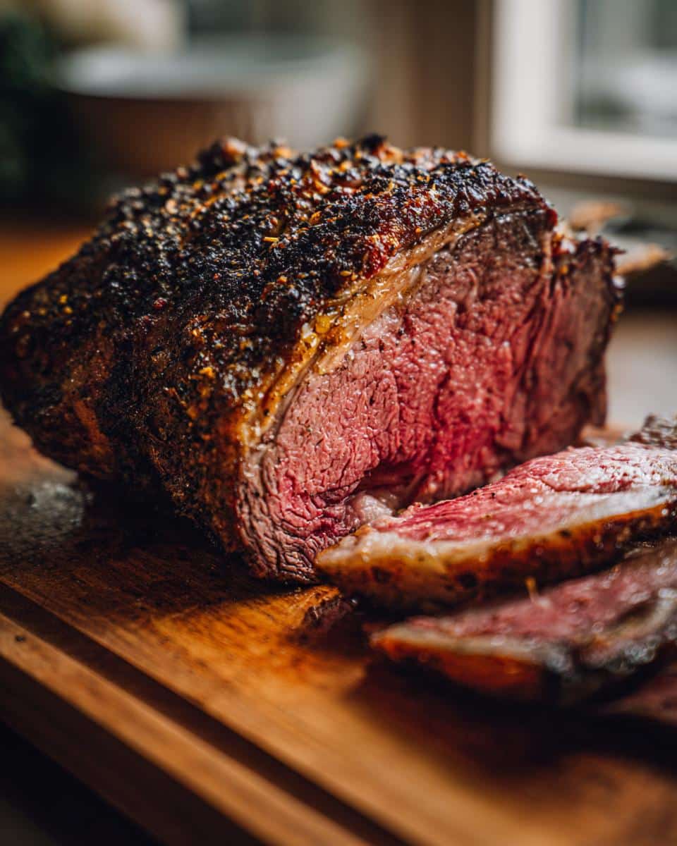 A perfectly cooked, juicy prime rib roast with a crispy, seasoned crust, sliced on a wooden cutting board.