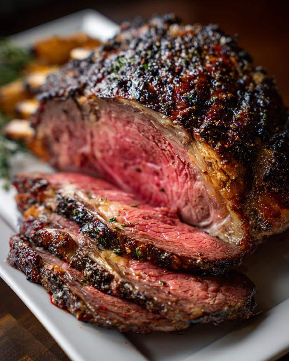 Close-up of perfectly cooked, juicy prime rib roast sliced and ready to serve.