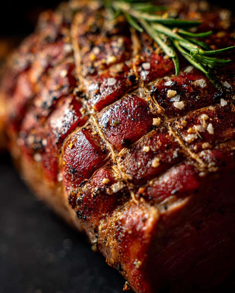 Close-up of a perfectly roasted prime rib recipe, seasoned with salt, pepper, and herbs, with a sprig of rosemary on top.