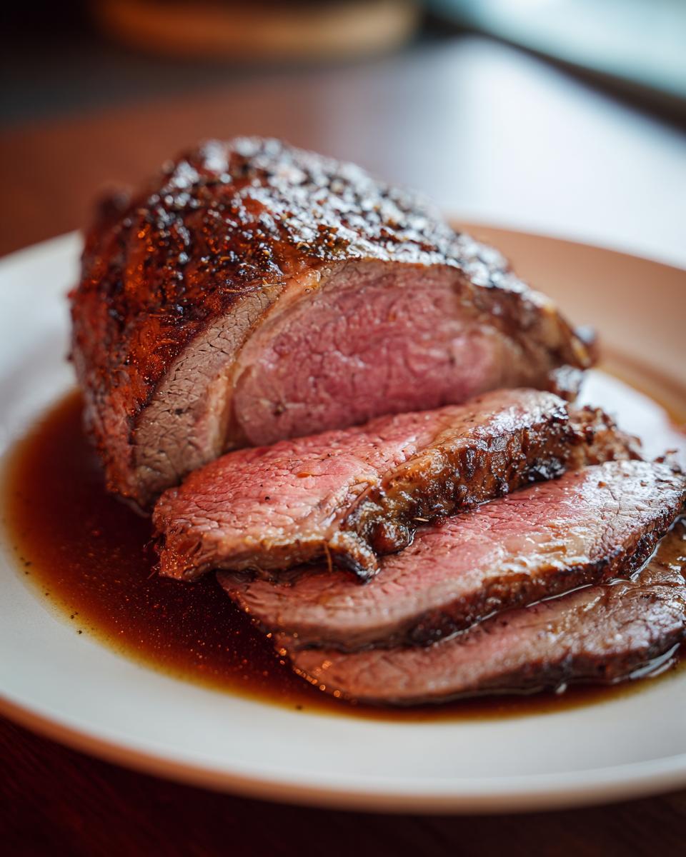 A perfectly cooked, juicy prime rib roast, sliced and served in rich au jus on a white plate.