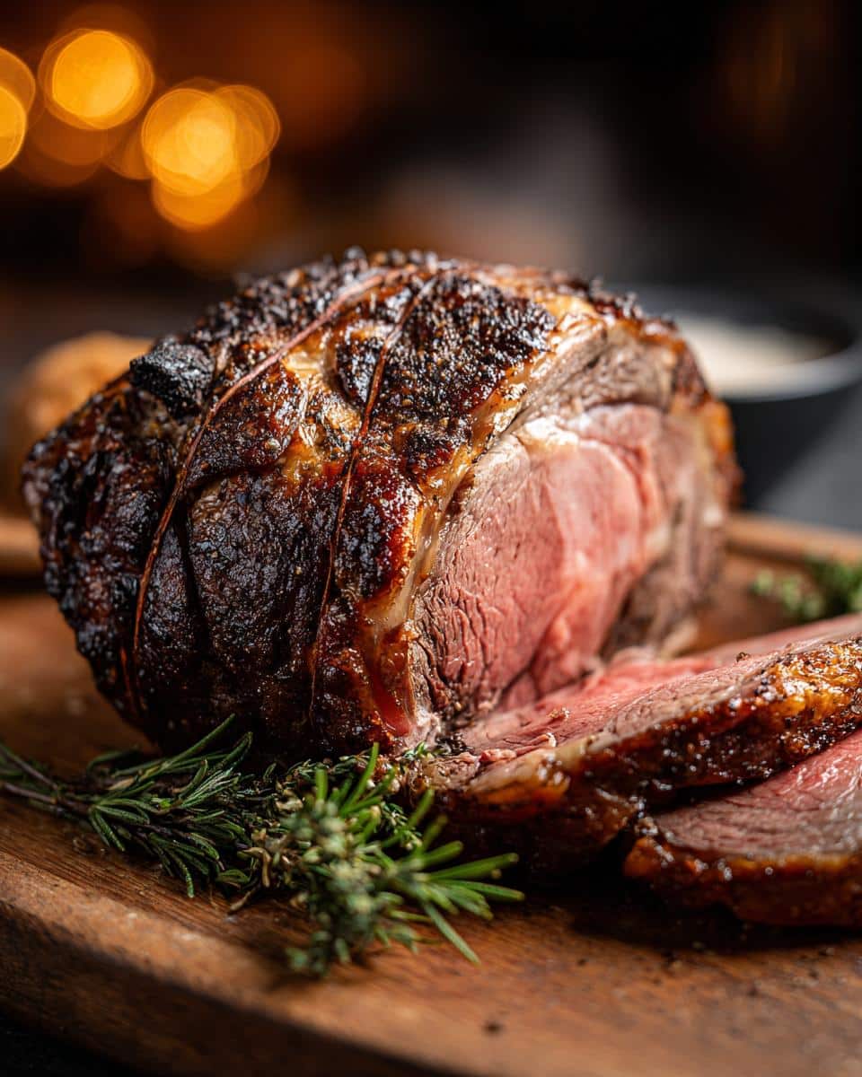 A perfectly cooked, juicy prime rib roast with a crispy crust, sliced and garnished with rosemary.