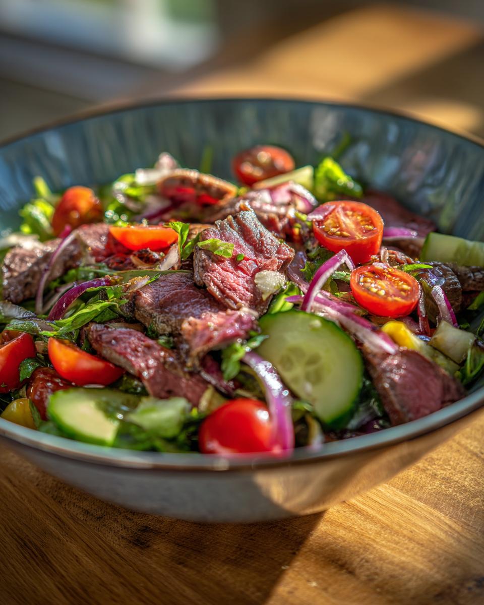 A close-up of a vibrant Prime Rib Salad (Light) in a bowl, featuring sliced steak, cherry tomatoes, cucumber, and red onion.
