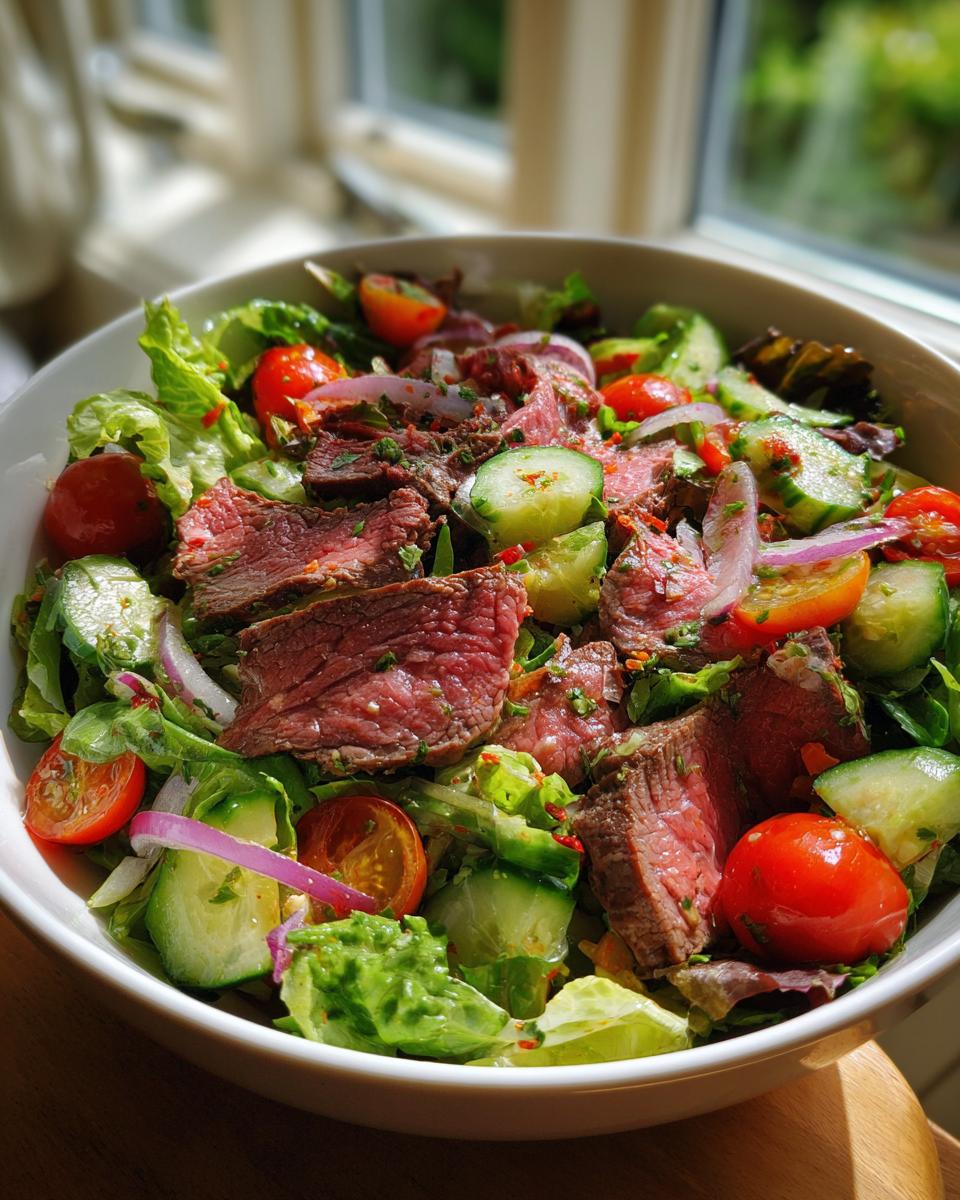 A vibrant Prime Rib Salad (Light) featuring slices of tender prime rib, cherry tomatoes, cucumber, red onion, and crisp lettuce.
