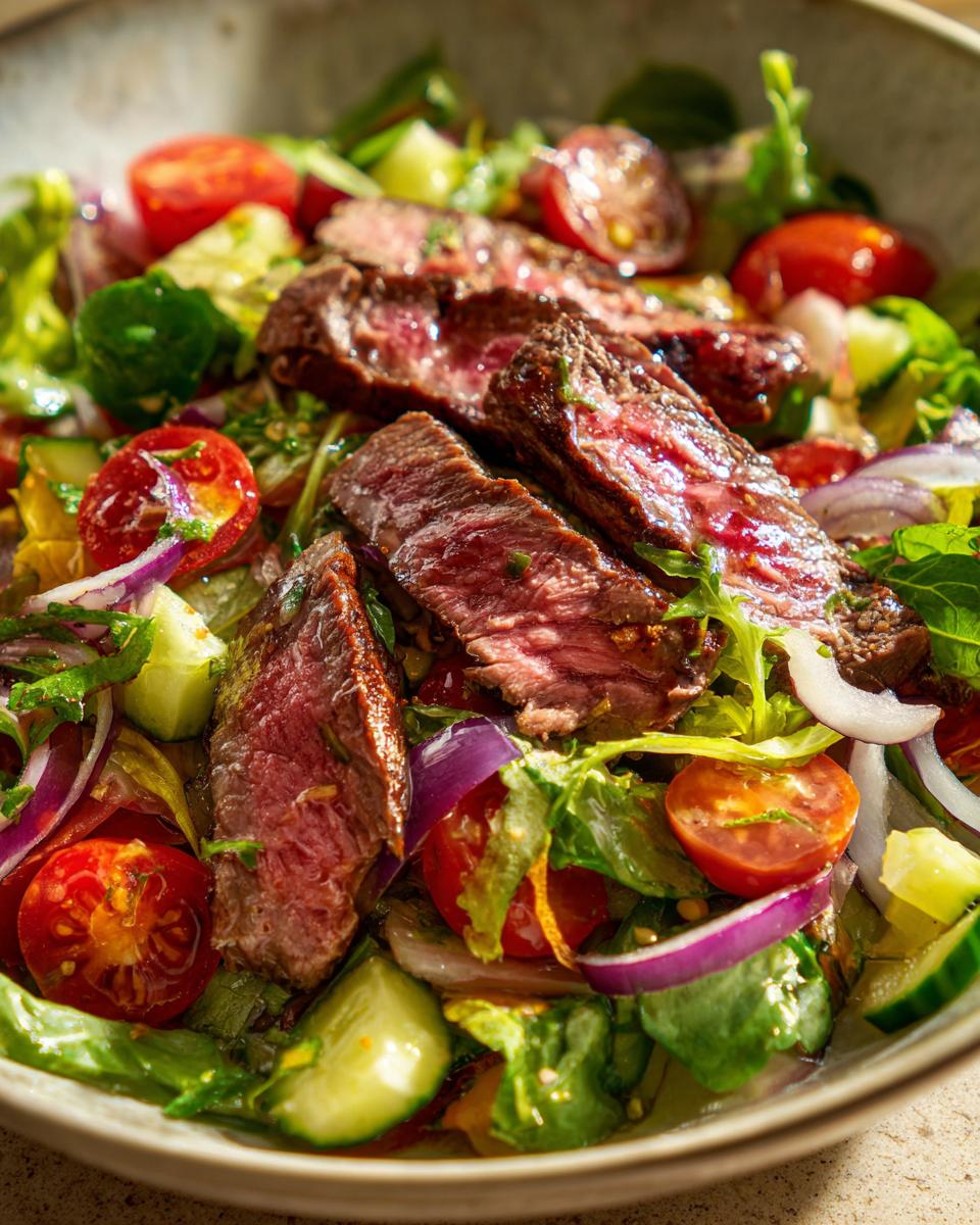 Close-up of a light Prime Rib Salad with sliced medium-rare steak, cherry tomatoes, cucumber, and red onion.