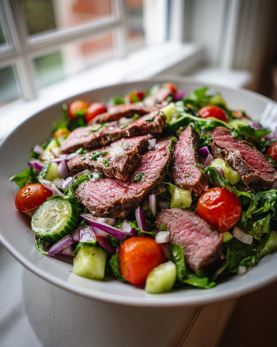 A vibrant Prime Rib Salad (Light) featuring thinly sliced grilled steak, cherry tomatoes, cucumber, and red onion on a bed of greens.