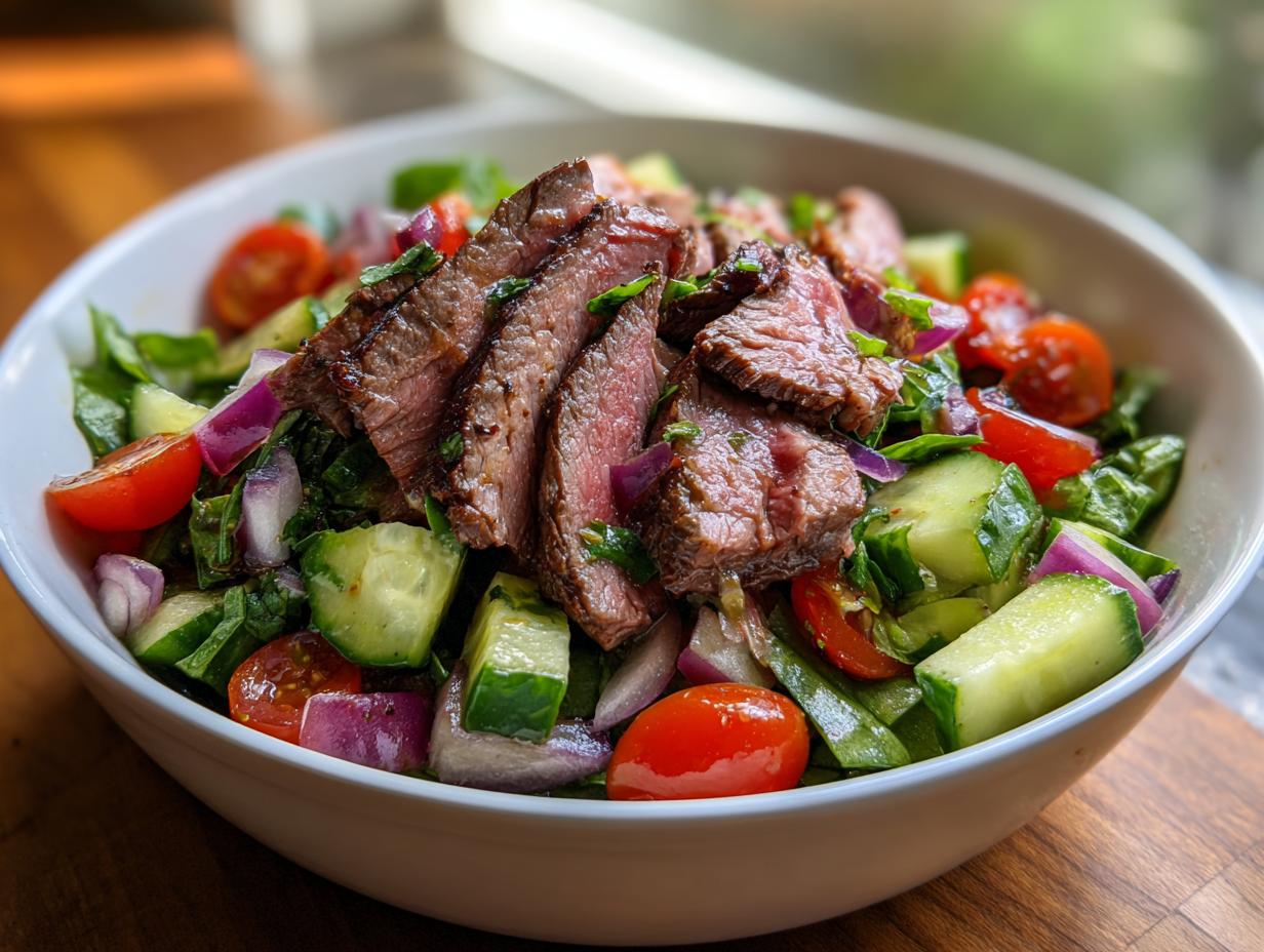 A vibrant Prime Rib Salad (Light) featuring sliced grilled steak, cherry tomatoes, cucumber, red onion, and greens in a white bowl.