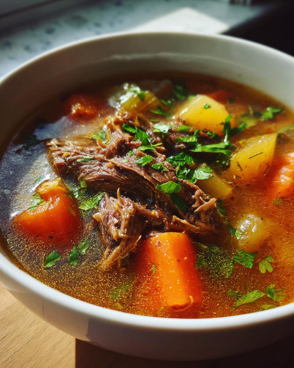 A close-up of a white bowl filled with Prime Rib Soup, featuring tender shredded beef, chunks of carrots and potatoes, and fresh parsley.