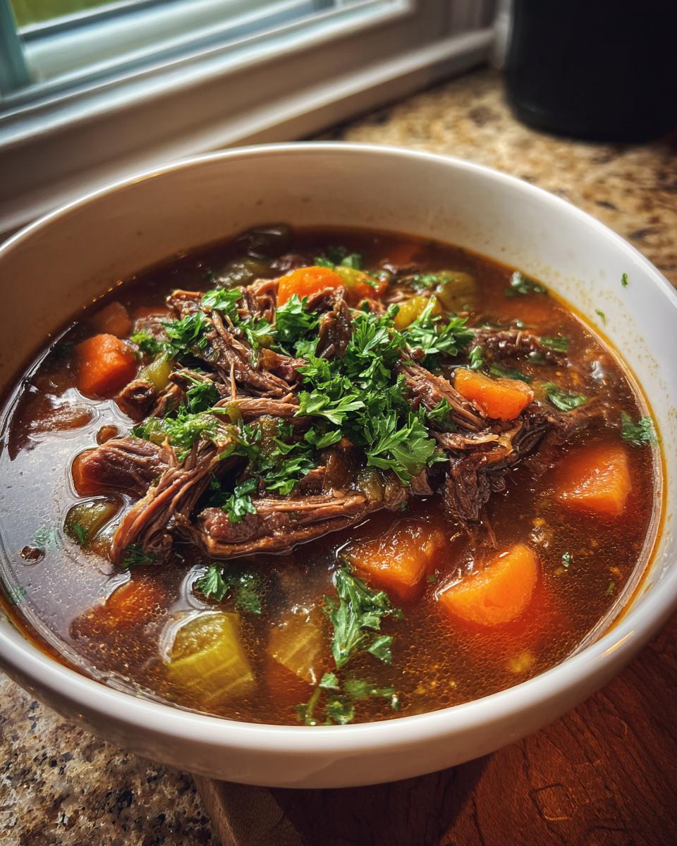 A close-up of a white bowl filled with rich Prime Rib Soup, featuring shredded beef, carrots, celery, and fresh parsley.