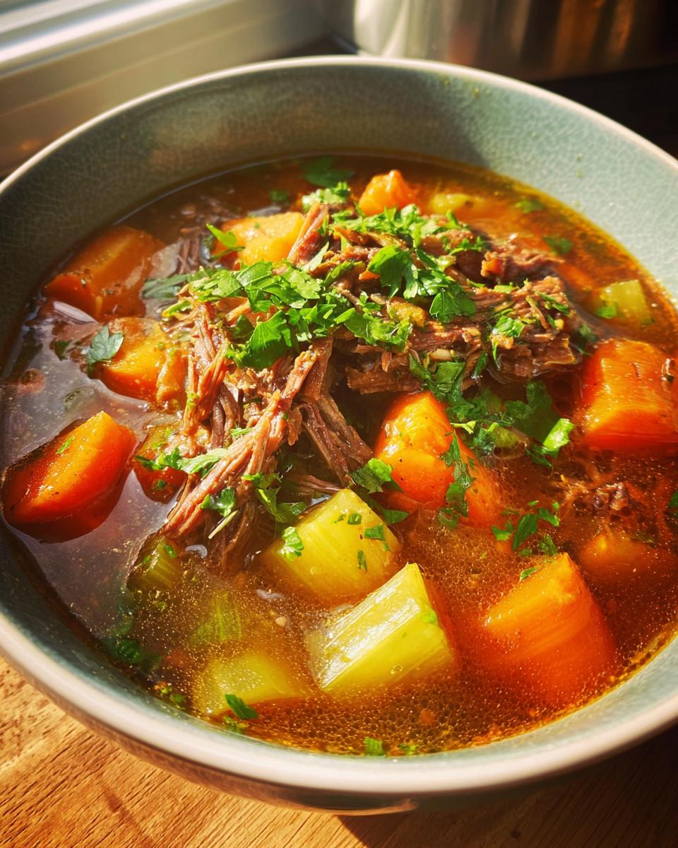 A close-up of a steaming bowl of Prime Rib Soup, featuring tender shredded beef, chunks of carrots and celery, and fresh parsley.