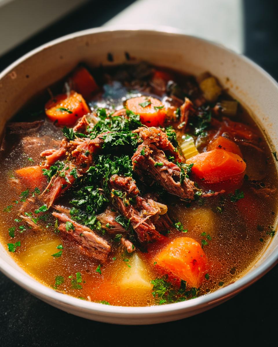 A hearty bowl of Prime Rib Soup, featuring tender shredded beef, chunks of carrots, potatoes, and fresh parsley.