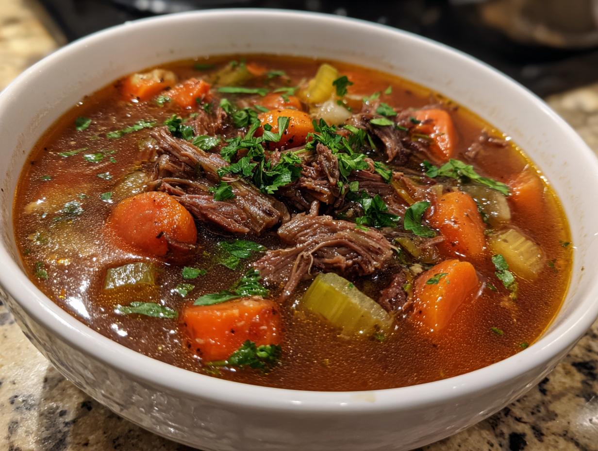 A close-up of a bowl of hearty Prime Rib Soup, featuring tender shredded beef, carrots, celery, and fresh parsley.